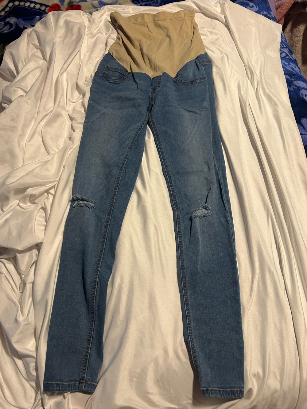 Indigo Blue Skinny Maternity Jeans in Blue Denim with Beige Panel